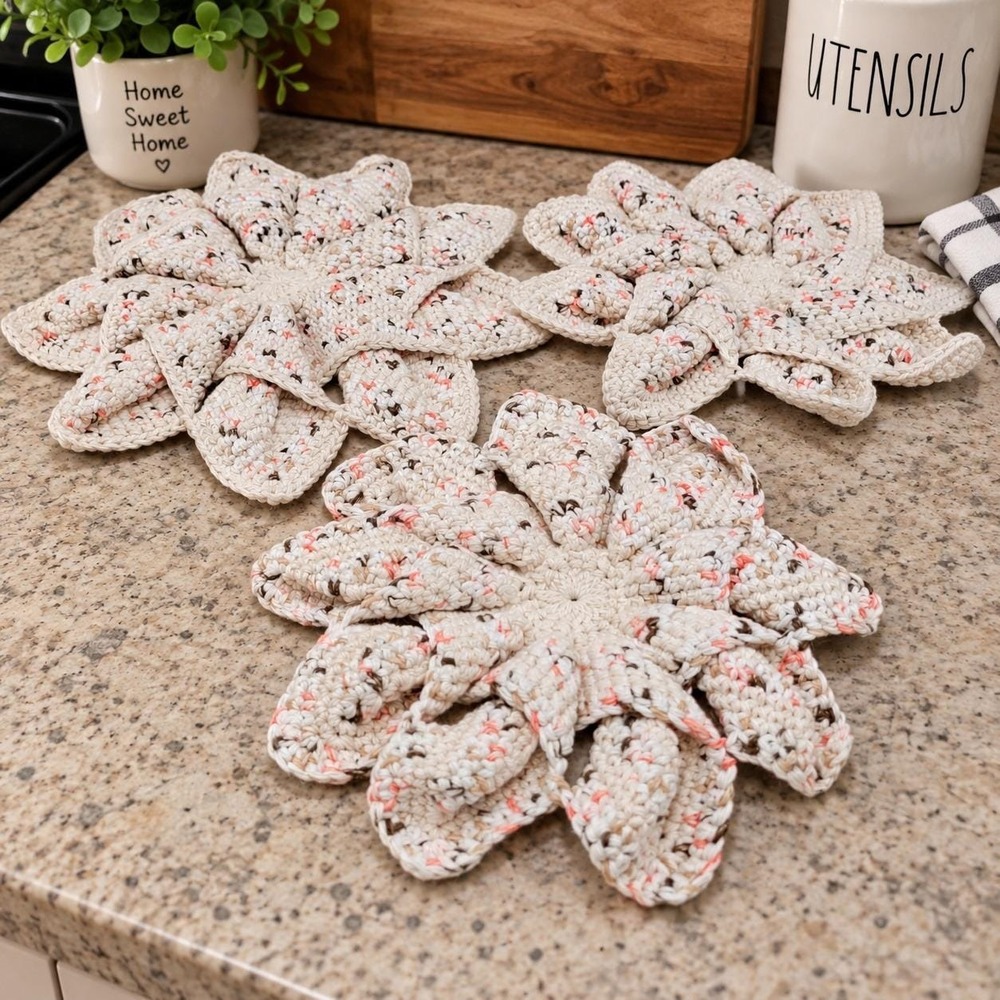Handmade Crochet Flower Trivet Set 3pc Cream Multi Hot Pads 10x10 8x8 Farmhouse